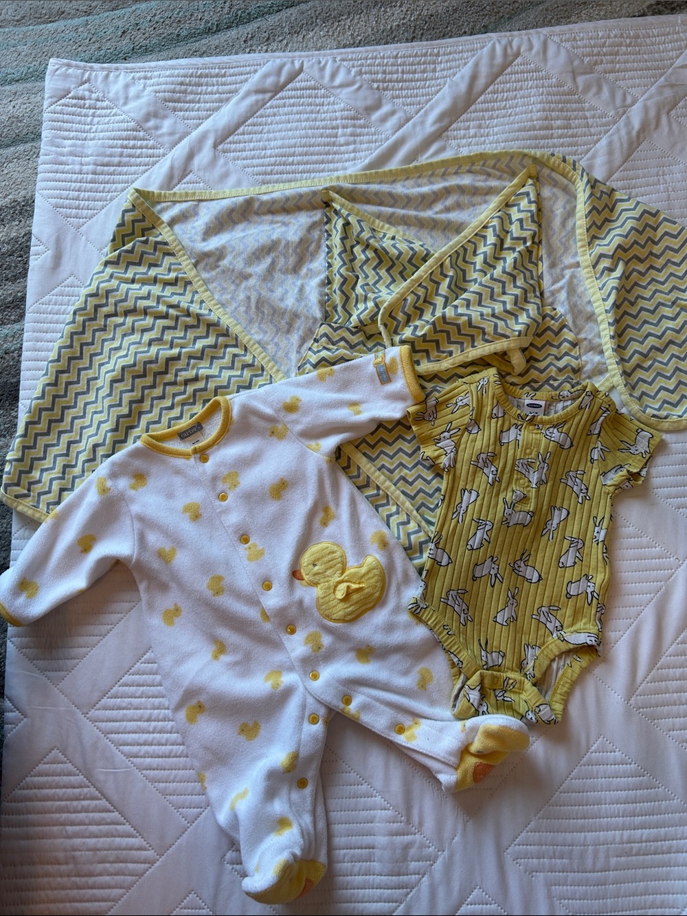 Yellow Chevron Baby wrap with Yellow Print Bodysuit & Duck Footie Set